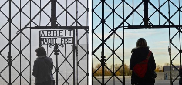 cancello del campo di Dachau prima e dopo il furto della la targa 'Arbeit macht frei'